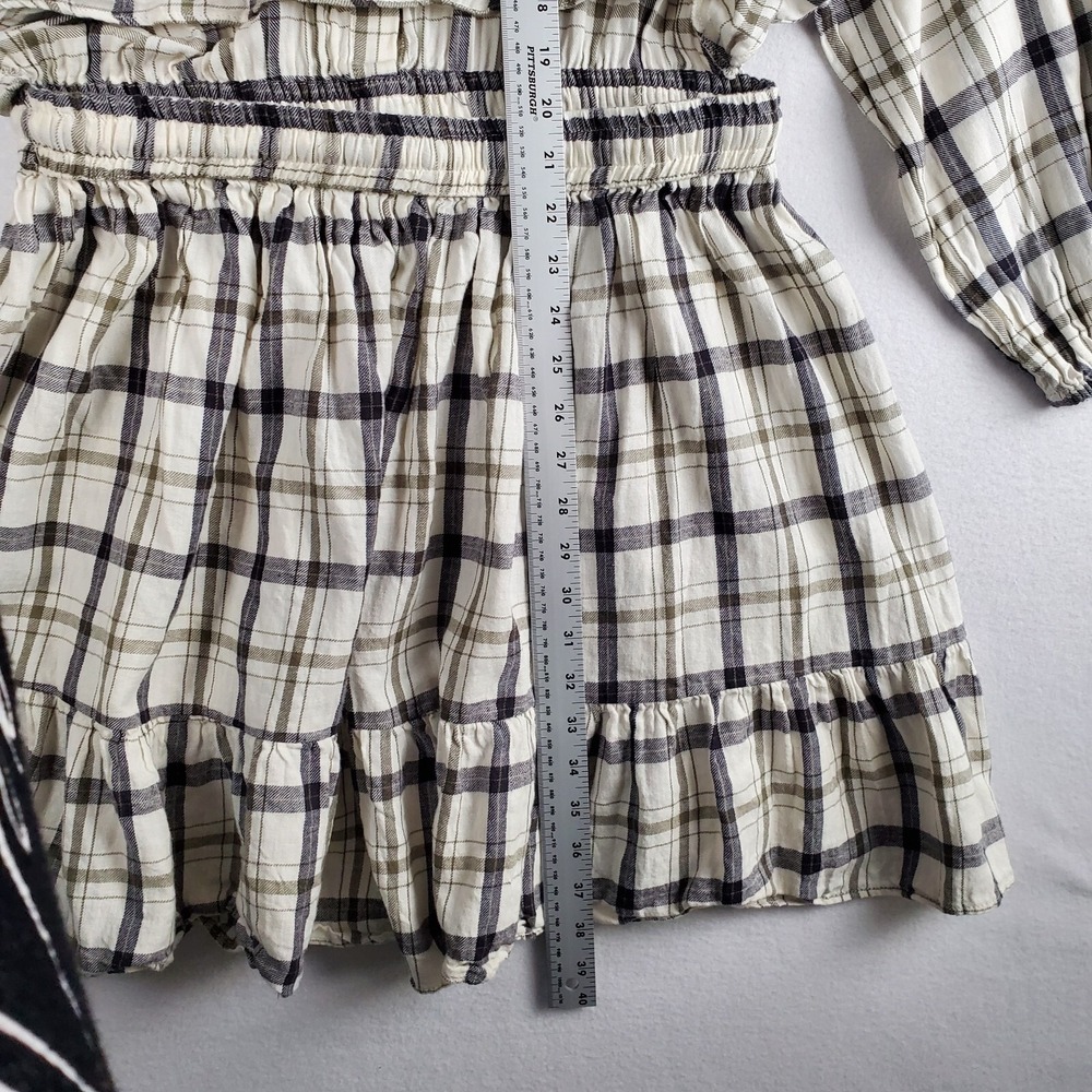 Asos Design Mini Skater Shirt Dress Women 12 CreamBlack Plaid Cotton Drawstring - Picture 14 of 16